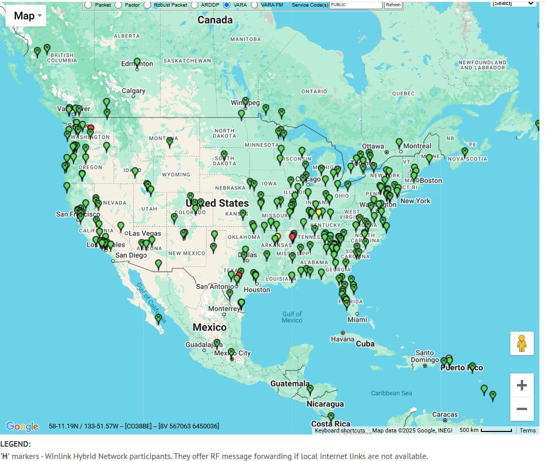 I heard someone say Winlink only works with the internet.  That is not true.  If you look at winlink node map, the ones marked with an H are nodes that are capable of redistributing messages without the internet.  They will use the internet if available.  When composing a Winlink