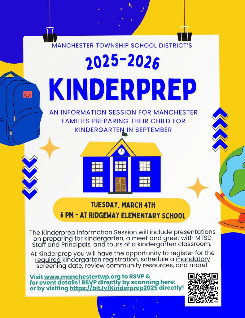 Kinderprep 2025-26 is set for March 4! This information session is for Manchester families registering children for kindergarten in September. Info about Kinderprep, eligibility, requirements &amp; appointments is at manchestertwp.org. RSVP at bit.ly/Kinderprep2025.