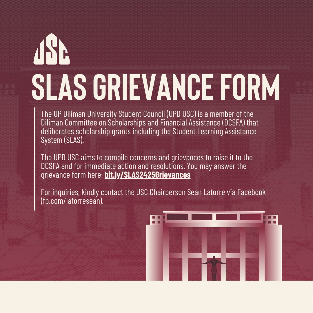 USCUPDiliman's tweet photo. #SLASGrievance | The UPD USC aims to compile concerns and grievances to raise it to the DCSFA and for immediate action and resolutions. You may answer the grievance form here: https://t.co/Db6J6pYUzs
#ExpandBasicStudentServices
#NoStudentLeftBehind https://t.co/deRdL6kQSg