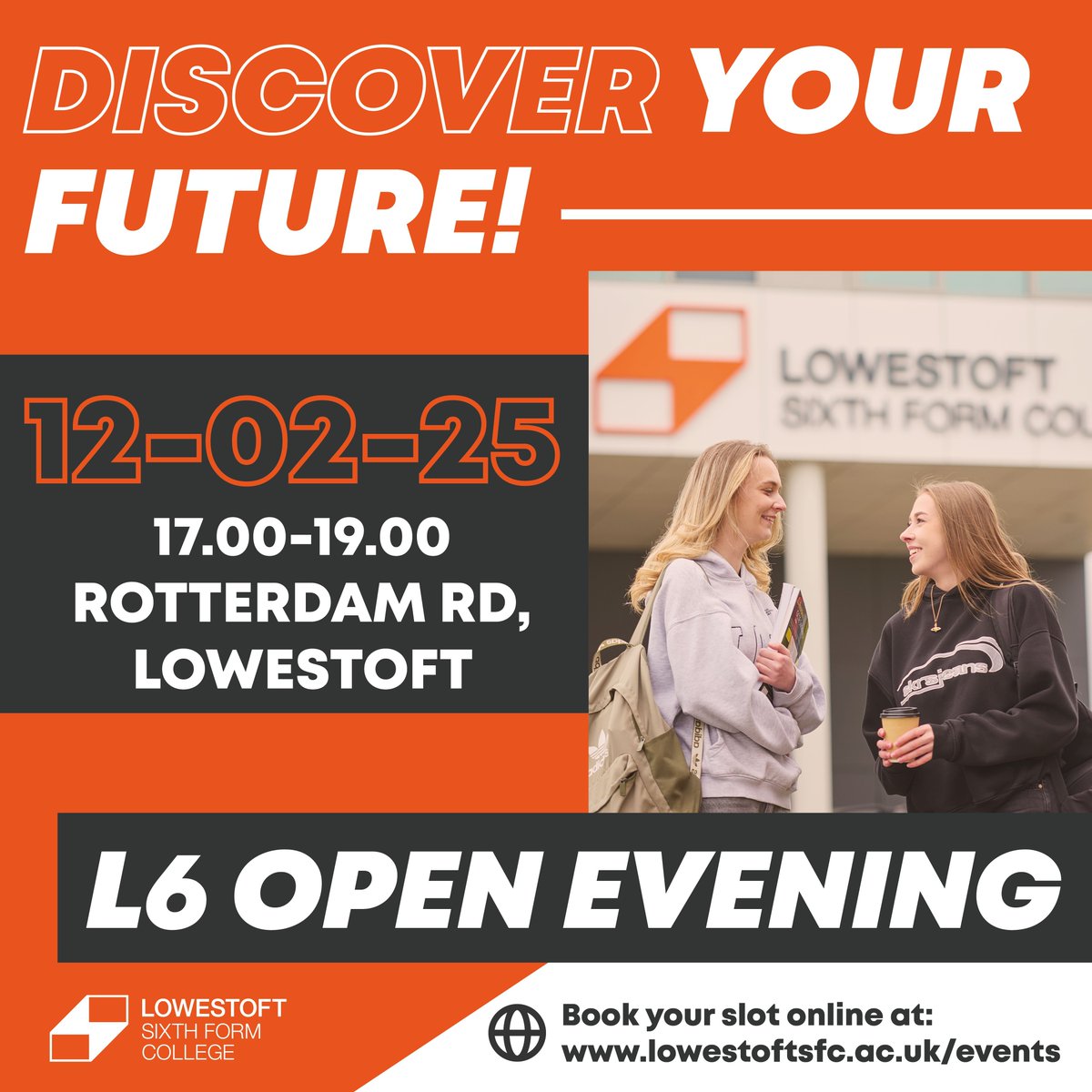 LowestoftSixthFormCollege (@l6fc) on Twitter photo Book your place for the next Lowestoft Sixth Form open evening!
Now is your chance to tour our outstanding campus, meet our tutors and learn about our extensive range of courses.
Book now π² buff.ly/3PQxOin Book your place for the next Lowestoft Sixth Form open evening!
Now is your chance to tour our outstanding campus, meet our tutors and learn about our extensive range of courses.
Book now π² buff.ly/3PQxOin