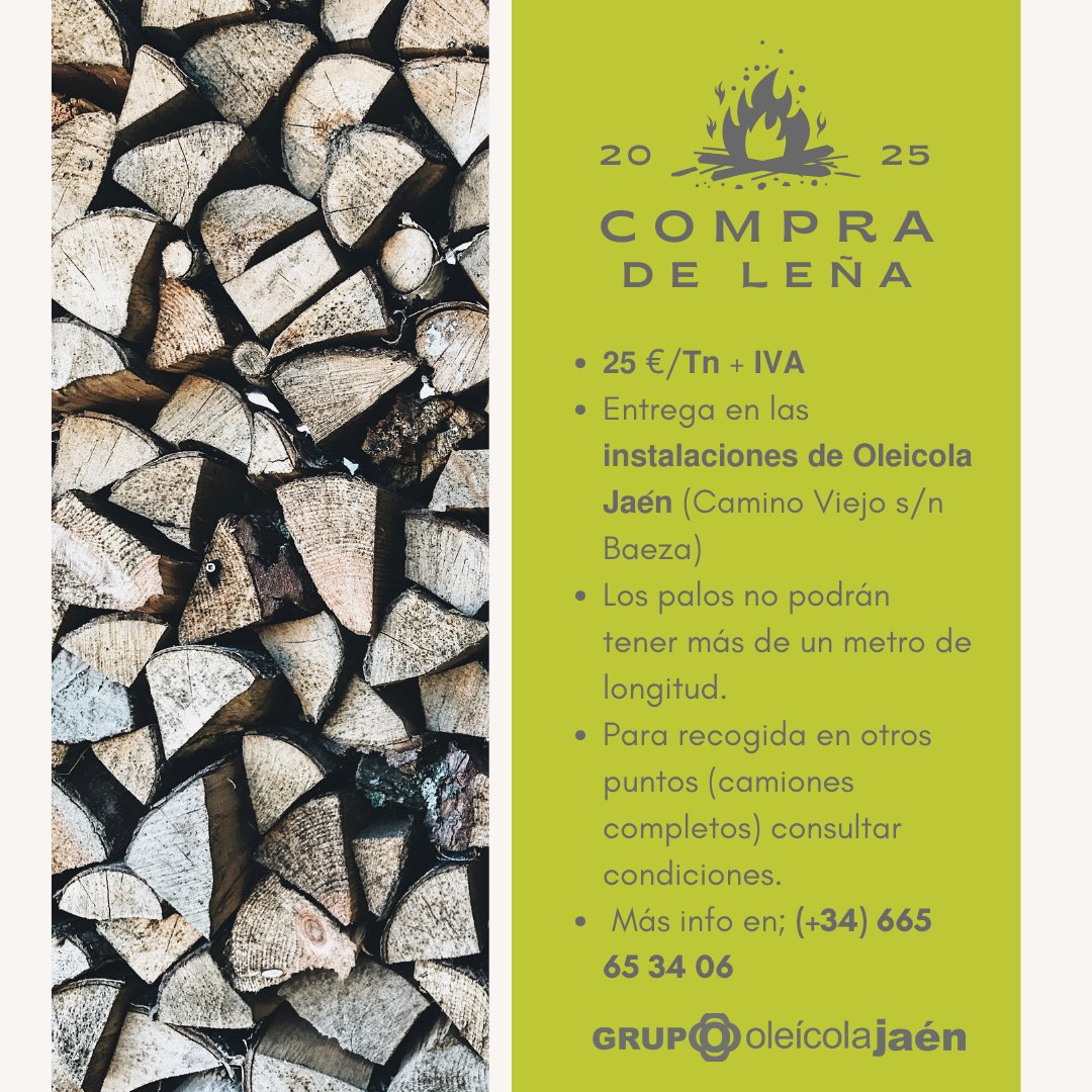 📢 𝗔𝗚𝗥𝗜𝗖𝗨𝗟𝗧𝗢𝗥𝗘𝗦 | 𝗖𝗢𝗠𝗣𝗥𝗔 𝗗𝗘 𝗟𝗘ÑA 🌿🔥

¿Tienes leña para vender? En Grupo Oleícola Jaén te la compramos por 𝟮𝟱 €/𝗧𝗻 + 𝗜𝗩𝗔.