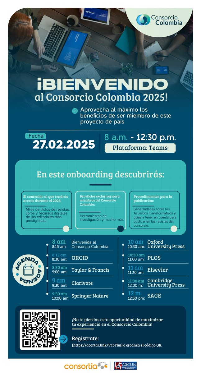 #BibliotecasUNAL Webinar de 'onboarding' general <a href="/ConsorcioColom1/">ConsorcioColombia</a> 2025: tiny.cc/consorcio20250…

<a href="/dirsinab/">Sinab Bibliotecas UNAL</a> @BiblioUNALbog <a href="/BibliotecaUNMED/">MiBiblioteca</a> <a href="/BiblioManUNAL/">Bibliotecas Sede Manizales UNAL</a> @bibliotecaunpal  #UNAL