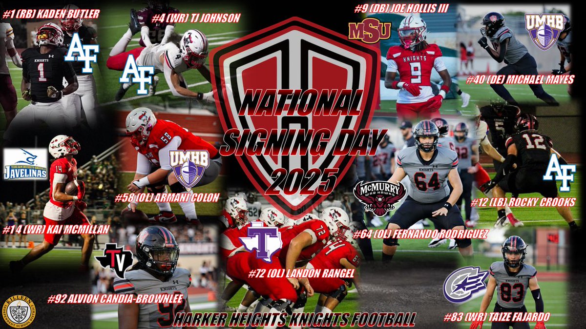 Harker Heights Football (@hhknights_fb) on Twitter photo Congrats Class of 2025 Signees ✍️
🛡️ HONOR & DEFEND ⚔️ #NSD2025
#RepTheShield 🛡️ #HonorHeights ⚔️
<a href="/KilleenISD_/">KISD Sports</a> | <a href="/RecruitHeights/">RecruitTheShield</a>
<a href="/HhhsKnights/">HHHSKnights</a> | <a href="/MarkHum7/">Mark Humble</a> Congrats Class of 2025 Signees ✍️
🛡️ HONOR & DEFEND ⚔️ #NSD2025
#RepTheShield 🛡️ #HonorHeights ⚔️
<a href="/KilleenISD_/">KISD Sports</a> | <a href="/RecruitHeights/">RecruitTheShield</a>
<a href="/HhhsKnights/">HHHSKnights</a> | <a href="/MarkHum7/">Mark Humble</a>