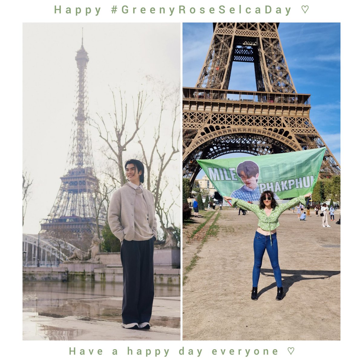 This admin hopes everyone have a happy day🥰💚
Happy #GreenyRoseSelcaDay 🫶

It saddens me not to have been able to go to Paris to support Mile, so, for this second Selca Day of the year I choose the Eiffel Tower🥹💚

Lots of love from France🌹💚

<a href="/milephakphum/">mile phakphum</a> 💚
#MilePhakphum