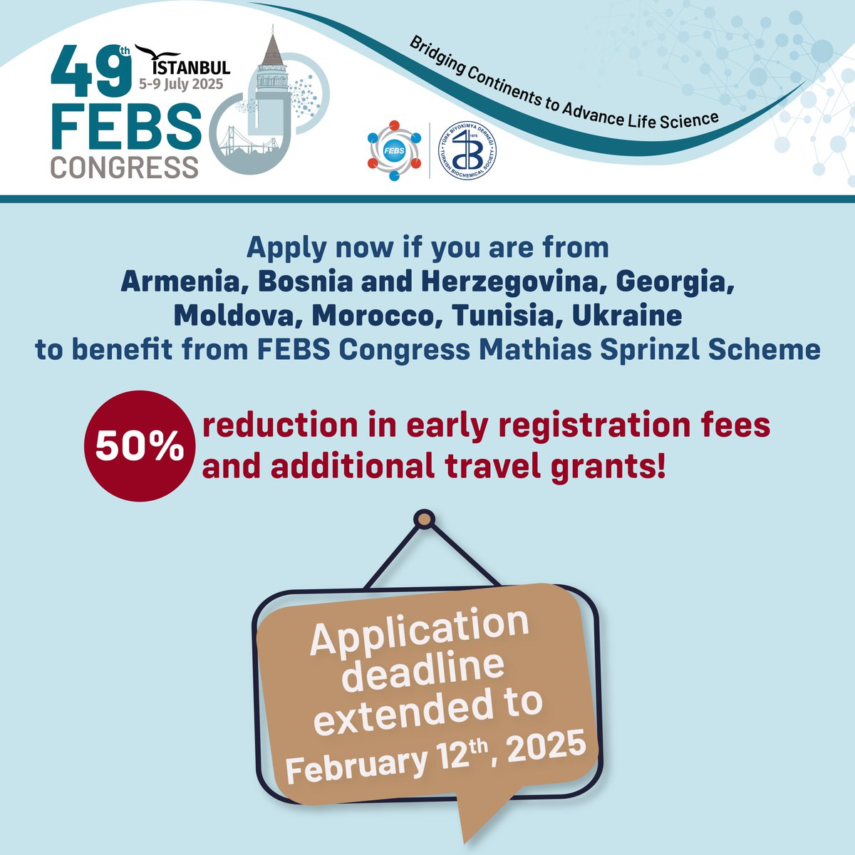 📢Good news for researchers in #biochemistry, #molecularbiology, #cellbiology and related areas in certain FEBS countries: you now have till 12 February to apply to the Sprinzl support scheme to help participation in the #FEBSCongress2025. Good luck! 
2025.febscongress.org