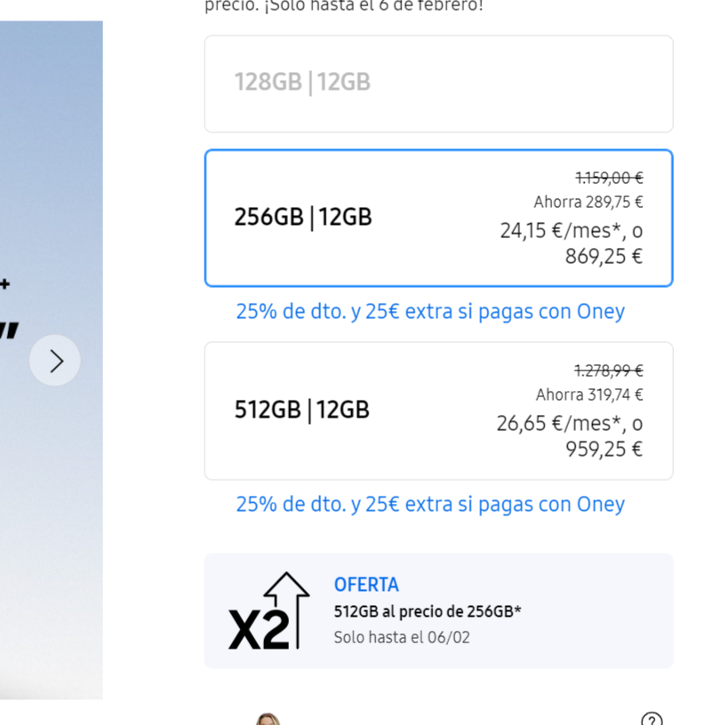 jongarher's tweet photo. @SamsungEspana Hola, quiero comprar el nuevo s25+ y en la web pone que el de 512Gb esta al mismo precio que el de 256Gb pero en cambio cuesta 90€ mas. Es un error? https://t.co/iXcTobR5a4