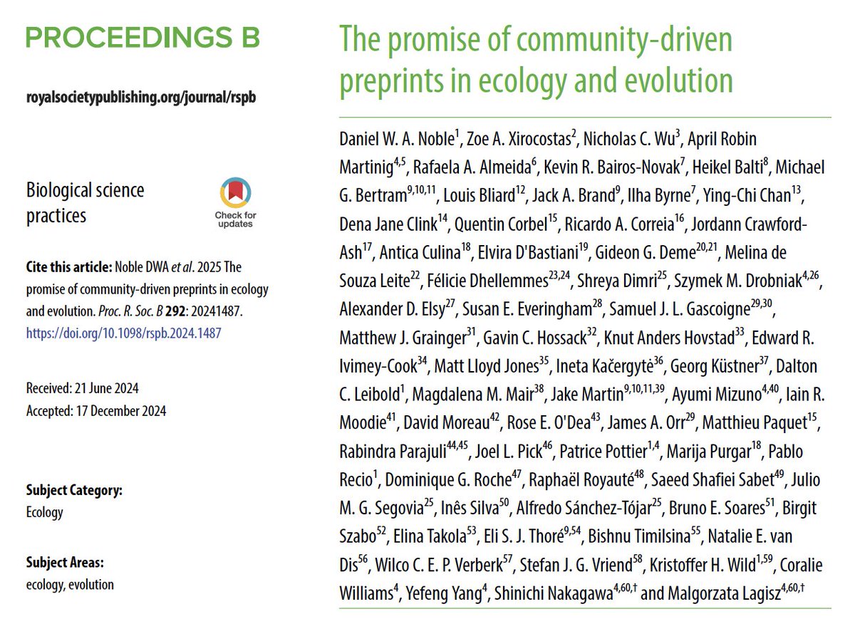 Michael Bertram (@michaelgbertram) on Twitter photo Excited to share our new paper, led by <a href="/DanielWANoble/">Daniel Noble 🇦🇺🇨🇦</a>, in <a href="/RSocPublishing/">Royal Society Publishing</a>!
‘We believe that the future of preprints is bright, and community-driven initiatives, such as EcoEvoRxiv, will play a crucial role in the future of scientific publishing.’
👉tinyurl.com/4tpbj859 Excited to share our new paper, led by <a href="/DanielWANoble/">Daniel Noble 🇦🇺🇨🇦</a>, in <a href="/RSocPublishing/">Royal Society Publishing</a>!
‘We believe that the future of preprints is bright, and community-driven initiatives, such as EcoEvoRxiv, will play a crucial role in the future of scientific publishing.’
👉tinyurl.com/4tpbj859