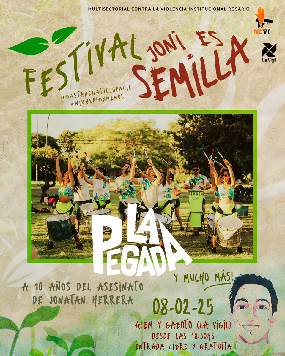 MultisectorialI's tweet image. 🥁 Artistas confirmados/as: La Pegada (samba reggae)‼️❤️‍🔥
Y muchos más!

🎶🌱 FESTIVAL "JONI ES SEMILLA" - 10 Años 🎹

📌 Sábado 8 de febrero, desde las 18:30 horas.
📍 Alem y Gaboto (fiesta en la calle frente a La Vigil).
🎟️ Entrada libre y gratuita.