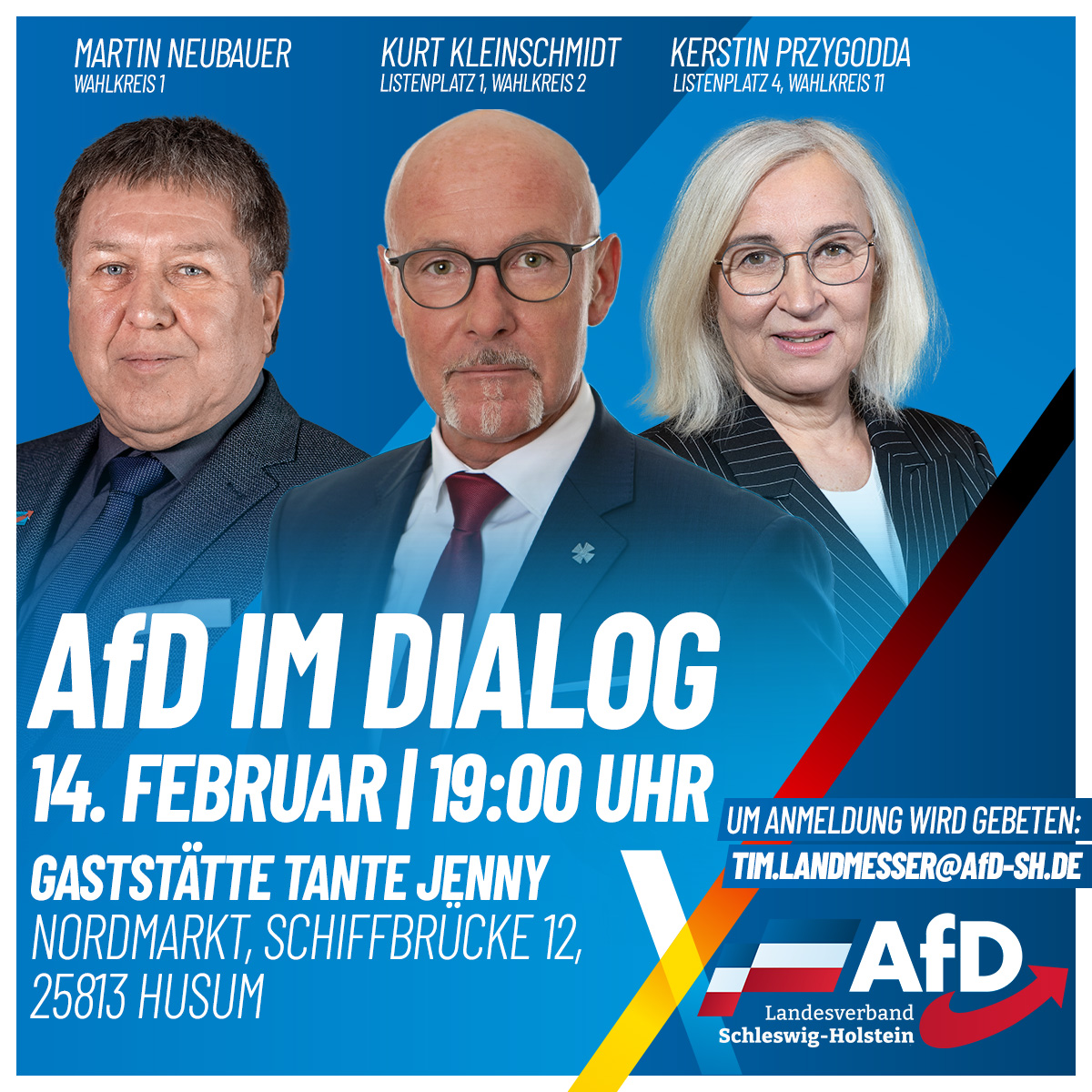 +++ #Bürgerdialog der #AfD Schleswig-Holstein in #Husum! +++

Wann? Freitag, 14. Februar 2025, 19:00 Uhr
Wo? Gaststätte Tante Jenny, Nordmarkt, Schiffbrücke 12, 25813 Husum

Wir laden Sie zum Dialog ein! Es wird Zeit, dass in diesem Land die Wende einkehrt – und das geht nur mit