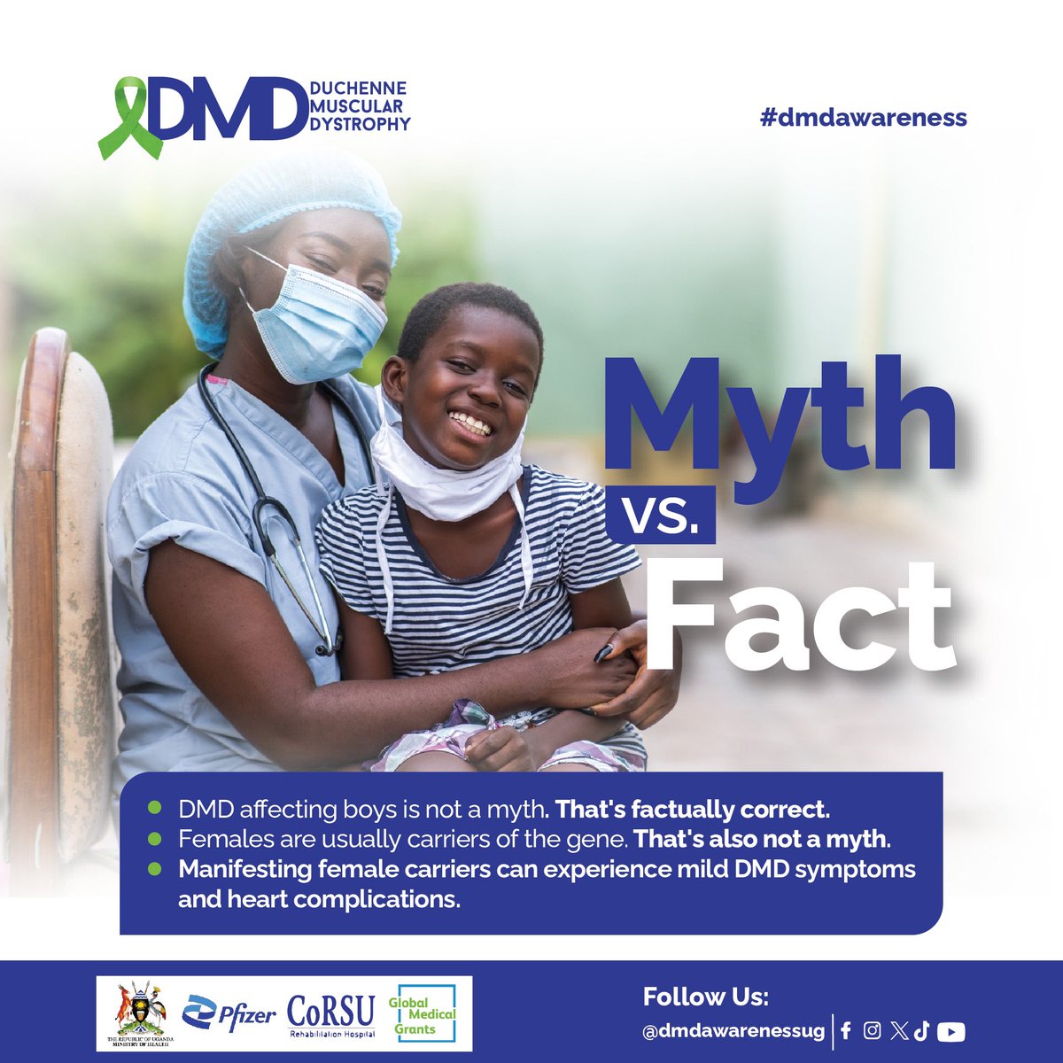 dmdawarenessug's tweet photo. ✅ Fact:

- DMD affecting boys is not a myth. That's factually correct. 

- Females are usually carriers of the gene. That's also not a myth. 

- Manifesting female carriers can experience mild DMD symptoms and heart complications.

Understanding this helps ensure better diagnosis and care for all affected. Let's keep spreading awareness.

Visit https://t.co/Y4aZZ24gxM or call +256 761 002 154 today.

#DMDAwareness 
#DareToKnowDareToHelp
#EndDuchenneMuscularDystrophy