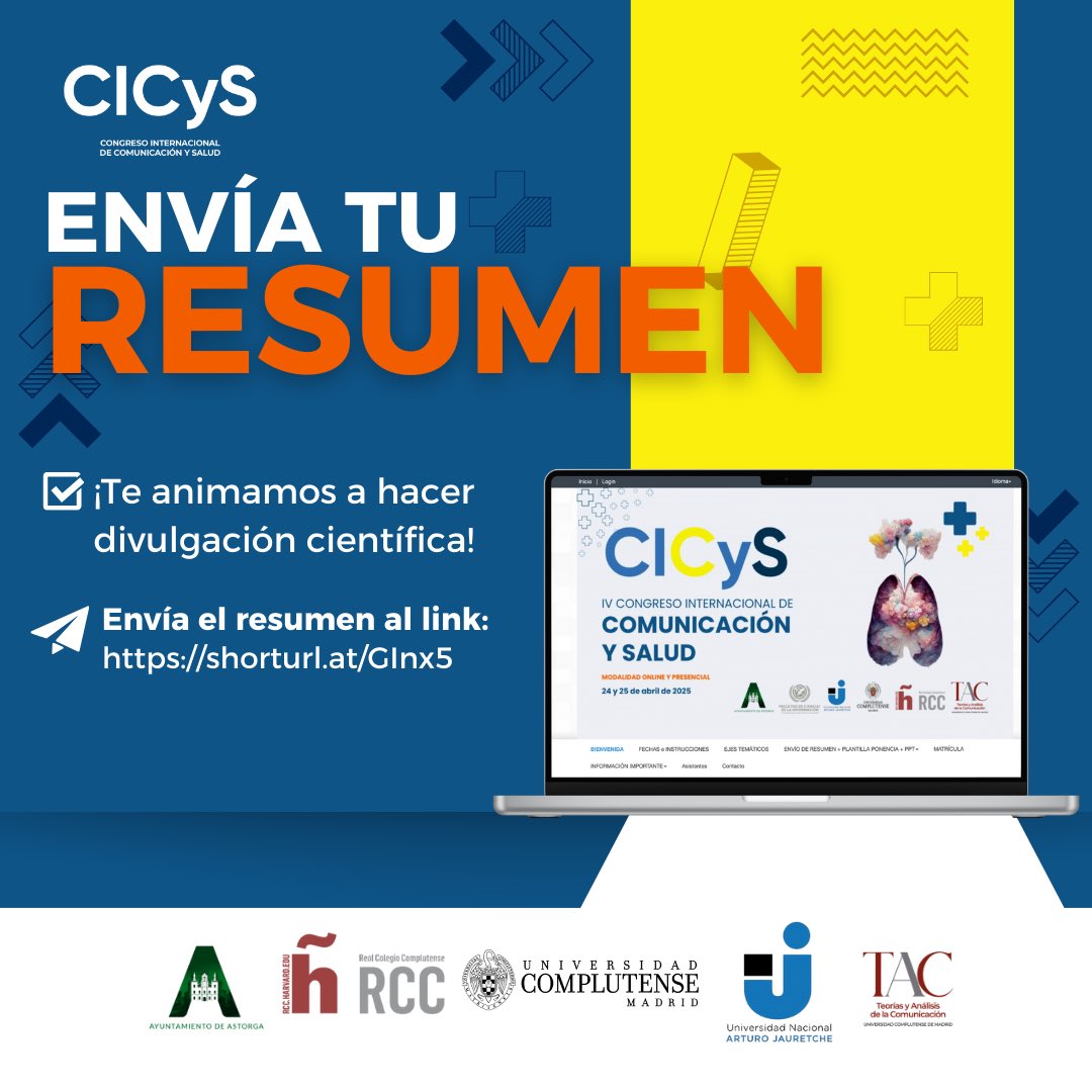 Congreso Internacional de Comunicación y Salud (@congreso_cys) on Twitter photo 📢 Comparte tu investigación en el IV Congreso de Comunicación y Salud 🏥💬
📝 Envíanos tu resumen (máx. 400 palabras)
🌎 Idiomas oficiales: español e inglés.
#TAC #CICyS <a href="/unicomplutense/">Complutense</a> <a href="/BarrientosAlmu/">Almudena Barrientos-Báez</a> <a href="/ubaldocuesta/">ubaldo cuesta</a> 📢 Comparte tu investigación en el IV Congreso de Comunicación y Salud 🏥💬
📝 Envíanos tu resumen (máx. 400 palabras)
🌎 Idiomas oficiales: español e inglés.
#TAC #CICyS <a href="/unicomplutense/">Complutense</a> <a href="/BarrientosAlmu/">Almudena Barrientos-Báez</a> <a href="/ubaldocuesta/">ubaldo cuesta</a>