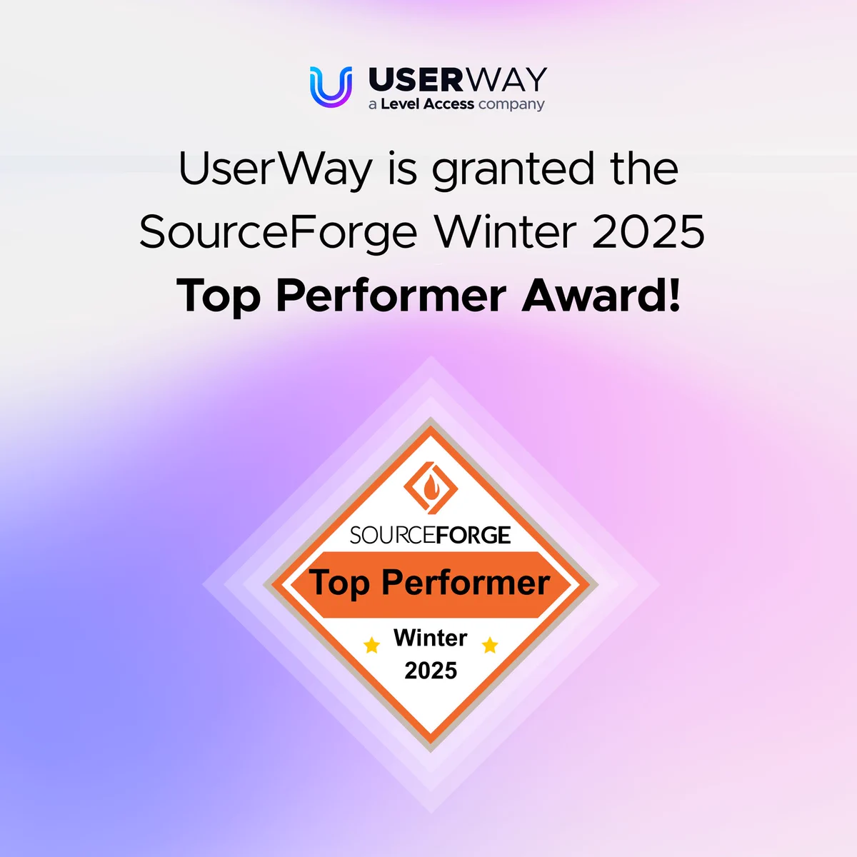 Graphic award announcement stating 'UserWay is granted the SourceForge Winter 2025 Top Performer Award'. The award features a diamond-shaped orange badge with the SourceForge logo and two gold stars, against a light gradient background. The UserWay logo is displayed at the top.

