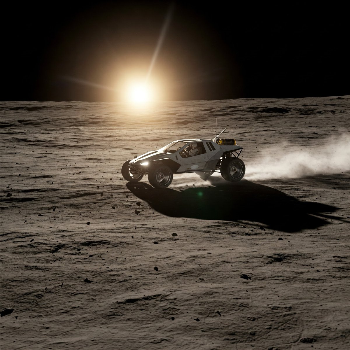 Frathos_XA's tweet photo. The front viewport of the spaceship "Seraph" shows it is approaching a desolate, cratered moon. In the distance, a shimmering, futuristic moon base gleams against the backdrop of a swirling nebula and a moon buggy can be seen racing towards the buildings. https://t.co/RxrvNo5uV8