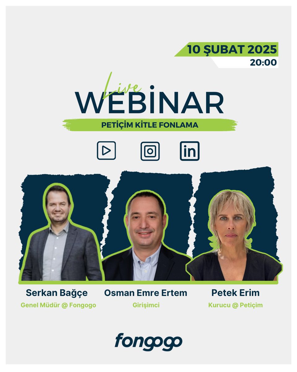 Fongogo'da ön talep sürecinde olan Petiçim Buğday Çimi Suyu'nun kurucusu Petek Erim, girişimci Emre Ertem ve Fongogo Genel Müdürü Serkan Bağçe ile birlikte gerçekleştireceğimiz webinara davetlisiniz!

📅Tarih: 10 Şubat 2025
🕒Saat: 20:00
📍Takvime Ekle: linkedin.com/events/7292877…