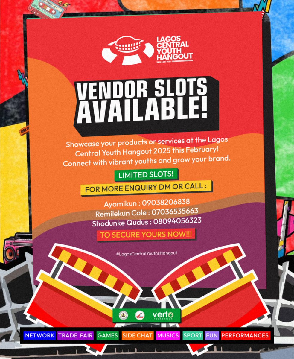 LagosCentYouth's tweet image. 📢 Vendor Slots Available!*

Showcase your products or services at the Lagos Central Youth Hangout 2025 this February! 
Connect with vibrant youths and grow your brand.