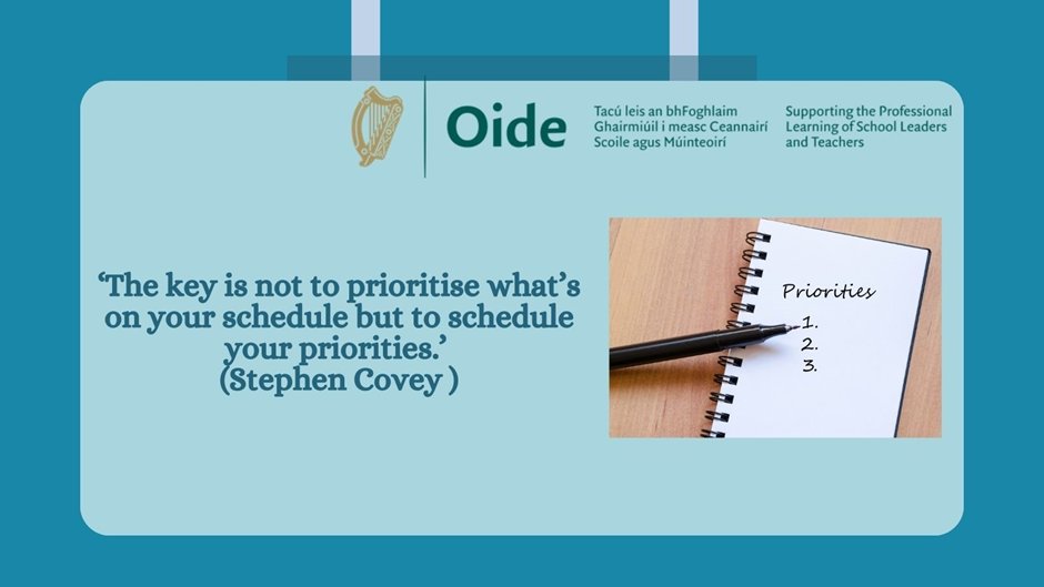 Oide_Leadership's tweet image. This week in the Comhar Programme, we are focusing on sustainability in the role of the Assistant Principal. Participants will explore tools and strategies to help prioritise and manage workload to support their wellbeing as a school leader.