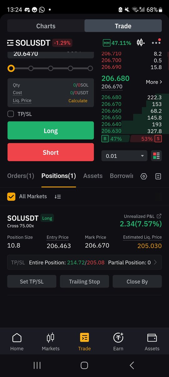 I'm back with 75x leverage on #ByBit on solana got in at 206 and hoping that I caught it early 

#Crypto #memecoins #Solana