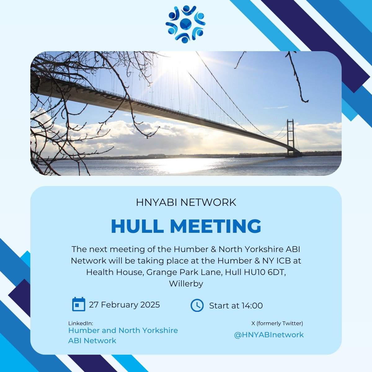 Humber & North Yorkshire ABI Network (@hnyabinetwork) on Twitter photo Our first meeting of 2025 will be held at the Humber & North Yorkshire ICB.
Sign up for updates by emailing us at info@hnyabi.co.uk
We look forward to seeing you on 27th February 2025.
#hnyabi #complexrehab #abi #braininjuryawareness #networking Our first meeting of 2025 will be held at the Humber & North Yorkshire ICB.
Sign up for updates by emailing us at info@hnyabi.co.uk
We look forward to seeing you on 27th February 2025.
#hnyabi #complexrehab #abi #braininjuryawareness #networking