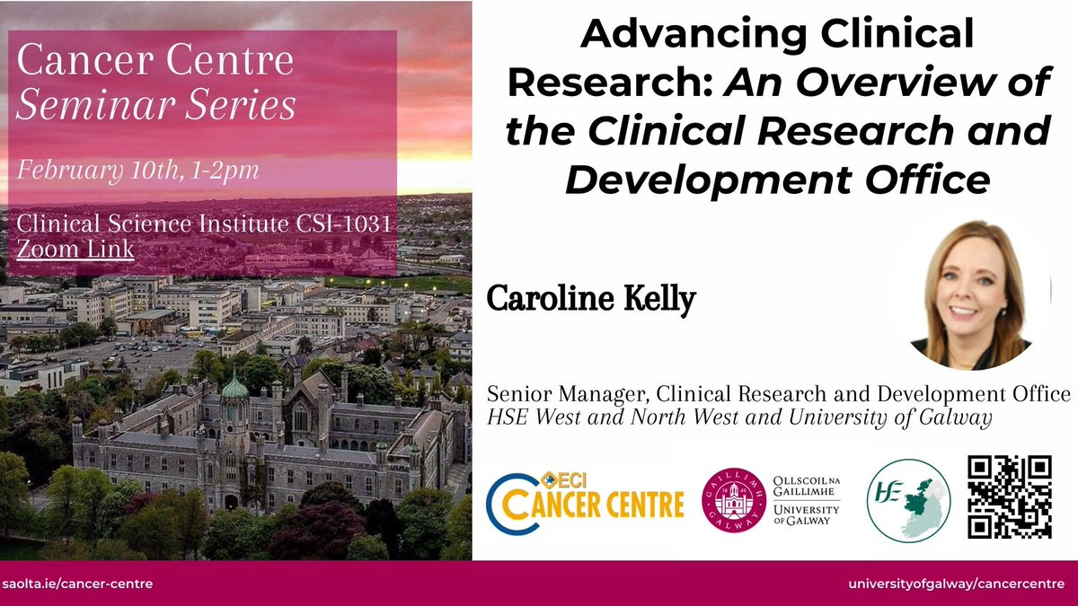 Cancer | University of Galway-HSE West North West (@cancerunigalway) on Twitter photo Cancer Centre Seminar: Feb 10th
👩🏫 Caroline Kelly, CRDO
<a href="/HSE_West_NWest/">HSEWestNorthWest</a> <a href="/GalwayCMNHS/">University of Galway CMNHS</a>
All hospital and university staff, trainees, and students are welcome to join in person or online. Cancer Centre Seminar: Feb 10th
👩🏫 Caroline Kelly, CRDO
<a href="/HSE_West_NWest/">HSEWestNorthWest</a> <a href="/GalwayCMNHS/">University of Galway CMNHS</a>
All hospital and university staff, trainees, and students are welcome to join in person or online.