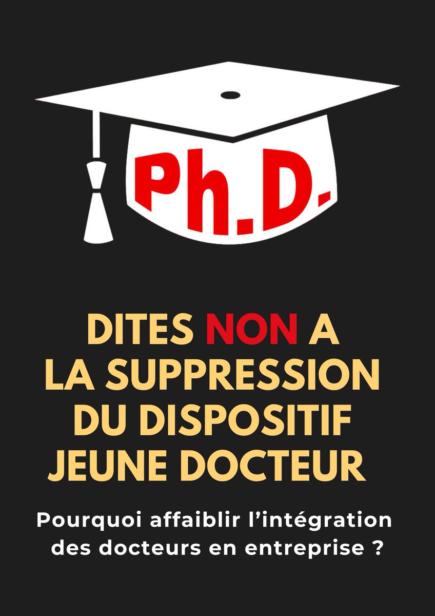 🚨 NON à la suppression du dispositif #JeuneDocteur !
<a href="/FerracciMarc/">Marc Ferracci</a> <a href="/Elisabeth_Borne/">Élisabeth BORNE</a> <a href="/Eric_R_Lombard/">Eric Lombard</a> 
💡Le #doctorat est une richesse pour l’innovation et la compétitivité de la France !  
RT pour faire entendre notre voix 📢