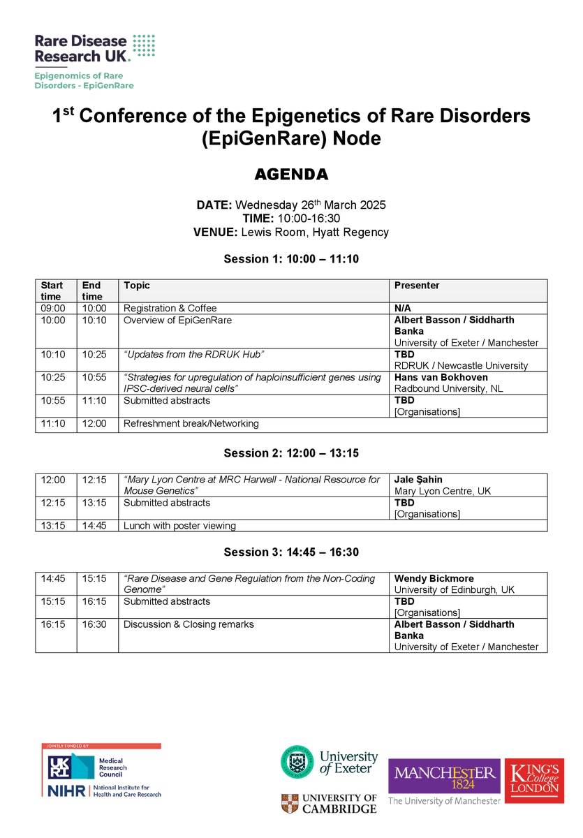 EpiGenRare - Rare Disease Research UK (@epigenrare) on Twitter photo 🚨Agenda Announcement!
🌟1st EpiGenRare Conference
🗓️26th March 2025
🏨Hyatt Regency, Manchester
🎟️FREE Tickets: buytickets.at/rdrukepigenrar…
📃Call for Abstracts - Follow registration link for more details
Deadline: Abstract Submission - 17 Feb 2025
<a href="/RDRUKHub/">Rare Disease Research UK</a> <a href="/smbanka/">Siddharth Banka</a> <a href="/mikeyab6872/">Albert Basson 🏳️🌈</a> 🚨Agenda Announcement!
🌟1st EpiGenRare Conference
🗓️26th March 2025
🏨Hyatt Regency, Manchester
🎟️FREE Tickets: buytickets.at/rdrukepigenrar…
📃Call for Abstracts - Follow registration link for more details
Deadline: Abstract Submission - 17 Feb 2025
<a href="/RDRUKHub/">Rare Disease Research UK</a> <a href="/smbanka/">Siddharth Banka</a> <a href="/mikeyab6872/">Albert Basson 🏳️🌈</a>
