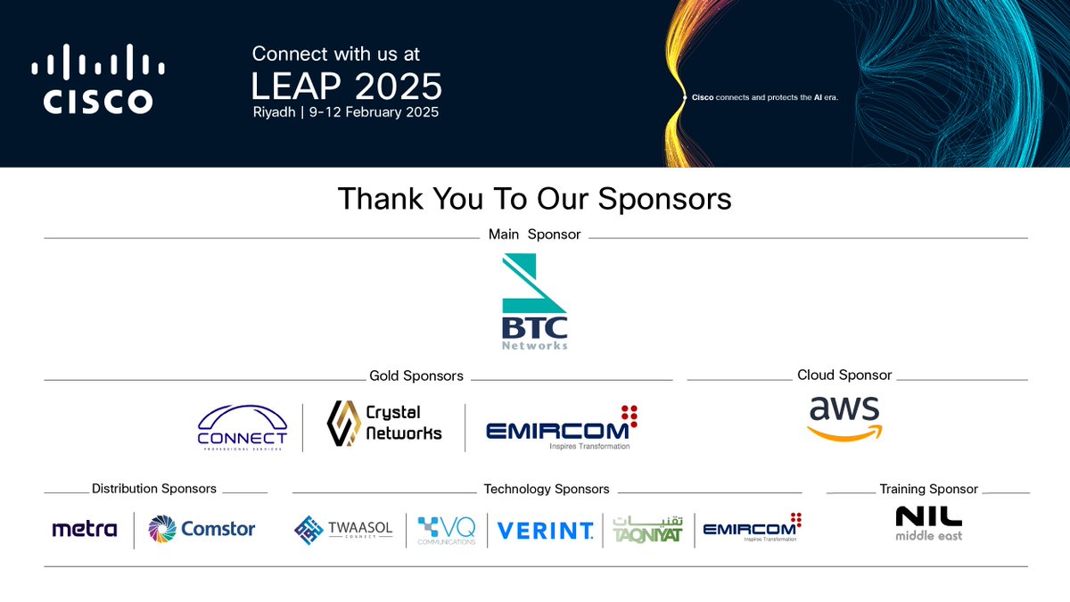 CiscoSaudia's tweet image. The countdown is on 🕒 

In just a few days, Cisco and our partners will be on-ground at @LEAPandInnovate, showcasing our portfolio of AI-powered solutions and services.

📍 Visit us at Stand H1.F30 

Learn more ➡️ cs.co/LEAP25

#CiscoLEAP #CiscoSaudi #LEAP25