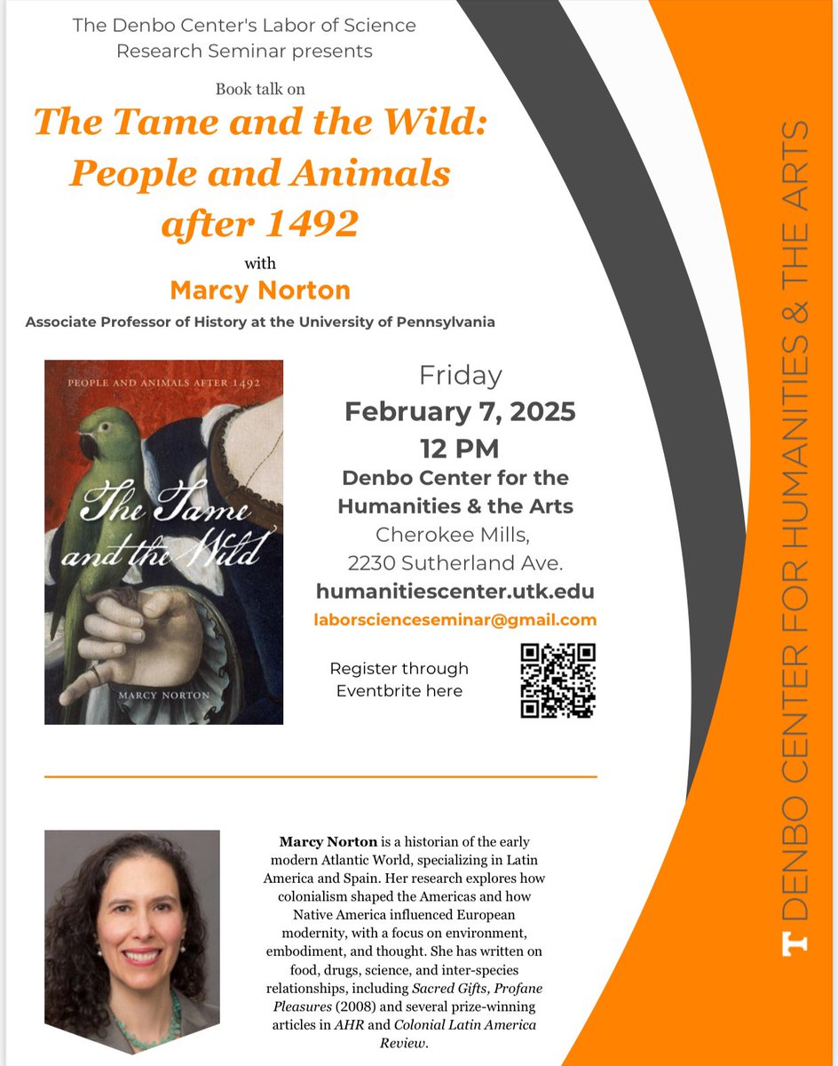 Duygu Yıldırım (@historiandiary) on Twitter photo Marcy Norton will be with us this Friday at noon for her book talk, “The Tame and the Wild: People and Animals after 1492.”
Don’t miss it—attend in person or online!
<a href="/UTHumanitiesCtr/">Denbo Center for Humanities & the Arts</a>
<a href="/utkhistory/">UTK History</a> Marcy Norton will be with us this Friday at noon for her book talk, “The Tame and the Wild: People and Animals after 1492.”
Don’t miss it—attend in person or online!
<a href="/UTHumanitiesCtr/">Denbo Center for Humanities & the Arts</a>
<a href="/utkhistory/">UTK History</a>