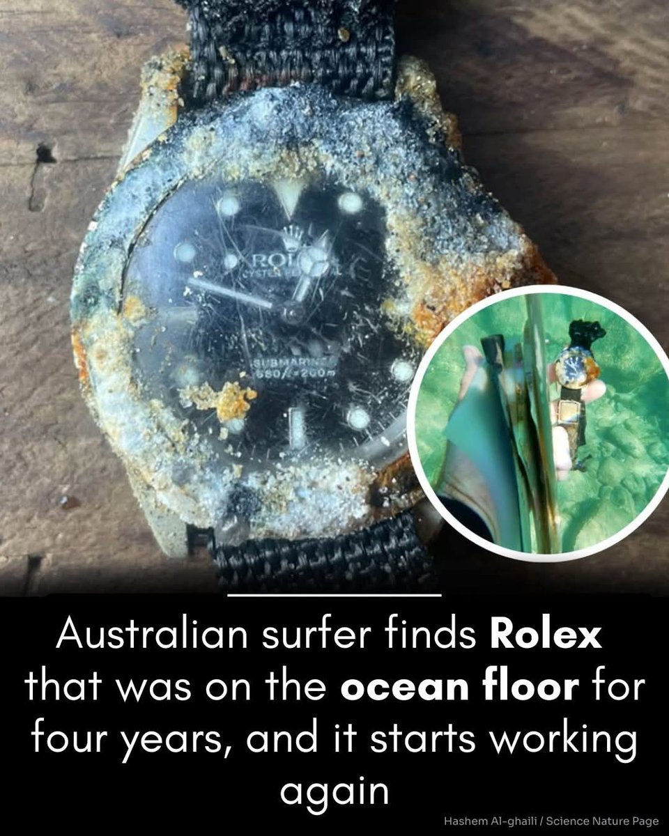 GlobaltrekX's tweet photo. Australian surfer Matt Cuddihy found a Rolex watch that had been sitting on the ocean floor for 4 years.

And miraculously, it started working again. ⌚ https://t.co/ORI1zVo8Dd