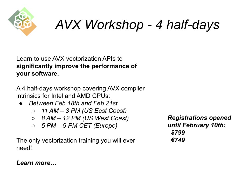 johnnysswlab's tweet image. Another AVX workshop, this time 4 half-days.
Registration or inquiry: info@johnnysswlab.com
More info: johnnysswlab.com/avx-neon-vecto…