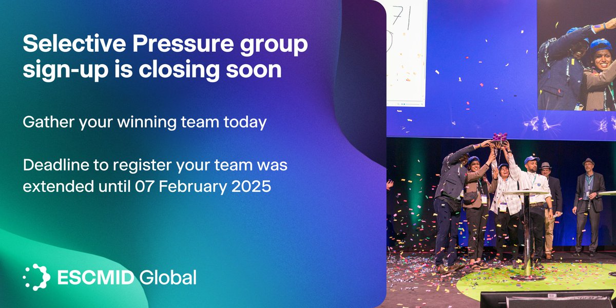 ESCMID (@escmid) on Twitter photo Don’t miss your chance to compete!
This is the final chance to sign up to participate in the 2025 edition of “Selective Pressure” the #ESCMIDGlobal quiz show. 
The deadline for team sign-ups was extended but its closing soon on 7 February 2025. 
ow.ly/nqNJ50UT5gf Don’t miss your chance to compete!
This is the final chance to sign up to participate in the 2025 edition of “Selective Pressure” the #ESCMIDGlobal quiz show. 
The deadline for team sign-ups was extended but its closing soon on 7 February 2025. 
ow.ly/nqNJ50UT5gf
