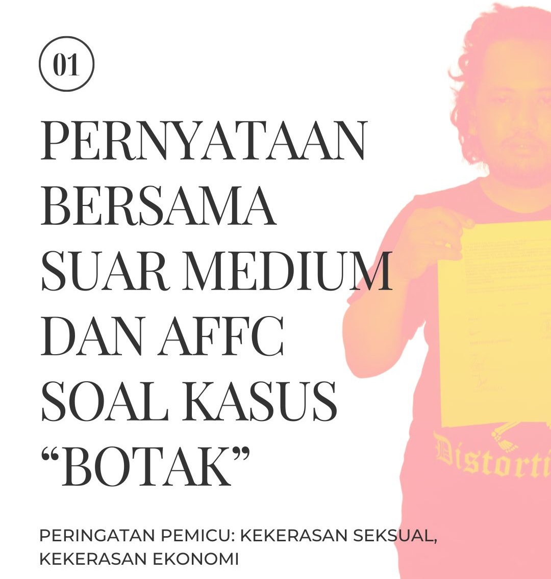Kami dari Suar Medium <a href="/SuarMedium/">SUAR MEDIUM</a> &amp; Anti Feminist Feminist Club (AFFC) dengan ini menyatakan sikap dan posisi kami soal kasus kekerasan dalam relasi romantis yang dilakukan Botak.

Baca pernyataan lengkapnya di sini:
antifeministfeministclub.wordpress.com/2025/02/05/per…