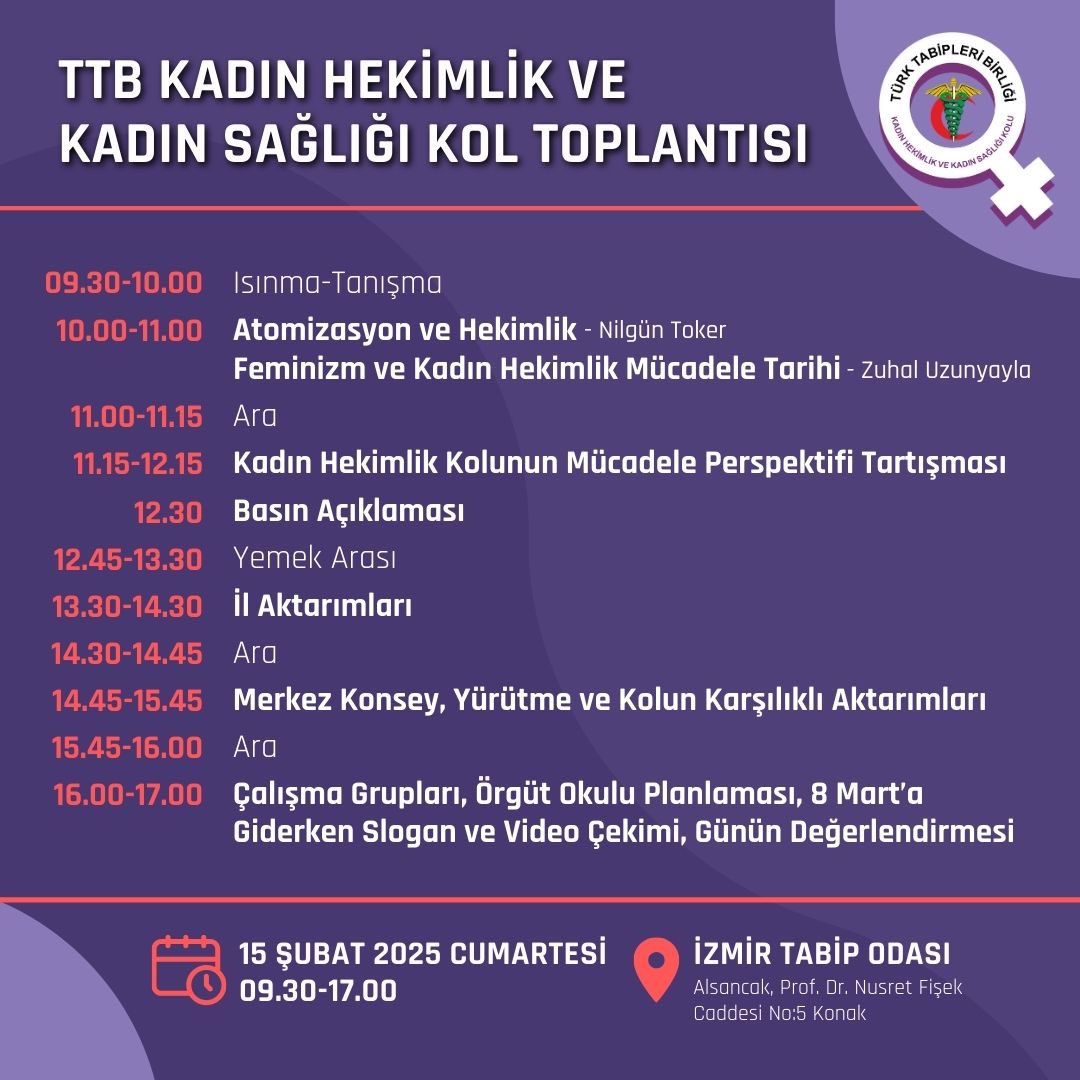 15 Şubat’ta  İzmir’de  Kadın Hekimlik Kolu Toplantımıza bekliyoruz, sevgili kadın hekimler 🔔🔔📣📣