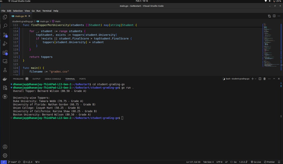 Dhananjay_1312's tweet image. Just completed the student grading exercise in the @One2nC  Go Bootcamp! 🎯
Parsed CSV data, calculated final scores, assigned grades, and identified toppers—all while ensuring test cases pass smoothly. 🚀 #GoLang #One2NBootcamp #LearningGo