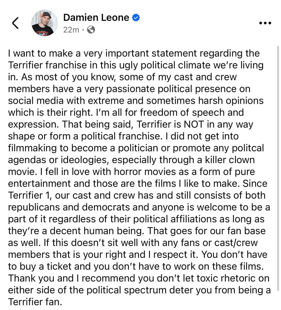MattSedlar (@mattsedlar) on Twitter photo Great horror is political. It preys on our very real fears and questions our understanding of the world. Romero knew this. Carpenter knows this. 
Leone is a hack who wants to make gory movies with clowns. Great horror is political. It preys on our very real fears and questions our understanding of the world. Romero knew this. Carpenter knows this. 
Leone is a hack who wants to make gory movies with clowns.