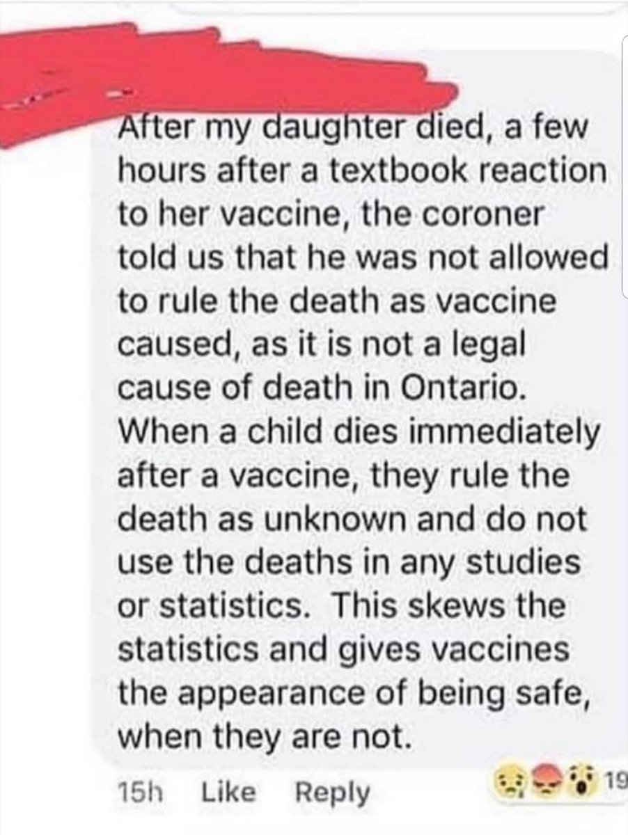 VoicesUnheard's tweet photo. "After my daughter died, a few hours after a textbook reaction to her vaccine, the coroner told us that he was not allowed to rule the death as vaccine caused, as it is not a legal cause of death in Ontario.

When a child dies immediately after a vaccine, they rule the death as unknown and do not use the deaths in any studies or statistics. This skews the statistics and gives vaccines the appearance of being safe, when they are not."