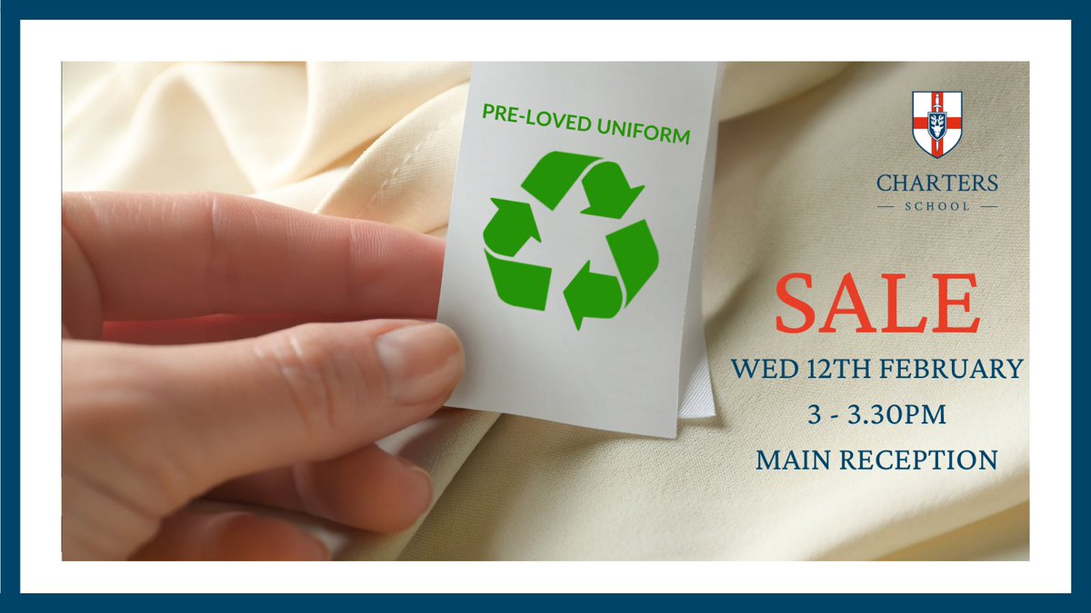 ChartersSchool's tweet photo. PLU is back! 🎉 Join us for a sale of quality pre-loved uniforms on Wed 12th Feb 3-3:30pm at the 'shop' in the Main Reception.  PLEASE NOTE WE WILL NOT BE COLLECTING DONATIONS THIS HALF-TERM AS WE HAVE SUFFICIENT STOCK. Donations resume Mon 31st March. #PLU #PreLovedUniform 👕👘 https://t.co/JQMxzmLEro