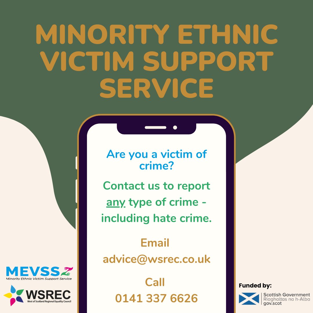WSREC (@wsrec) on Twitter photo We are providing advice sessions for minority ethnic adults affected by crime.
It does not matter what the crime is or when and where it took place. If you need advice on victims' rights and accessing support, please email advice@wsrec.co.uk or call 0141 337 6626.
#wsrec We are providing advice sessions for minority ethnic adults affected by crime.
It does not matter what the crime is or when and where it took place. If you need advice on victims' rights and accessing support, please email advice@wsrec.co.uk or call 0141 337 6626.
#wsrec