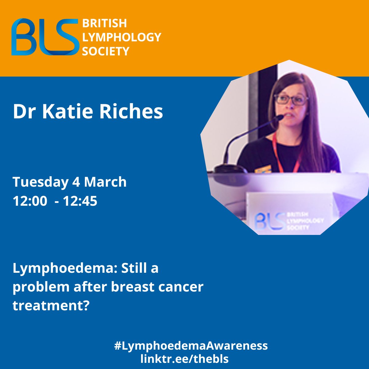 We are excited to announce Dr Katie Riches will be presenting "Lymphoedema: Still a problem after breast cancer treatment?" at #LymphoedemaAwareness Week 2025.

Please note, this session is only available live.

Register for Free Now: bit.ly/3CJxwGH