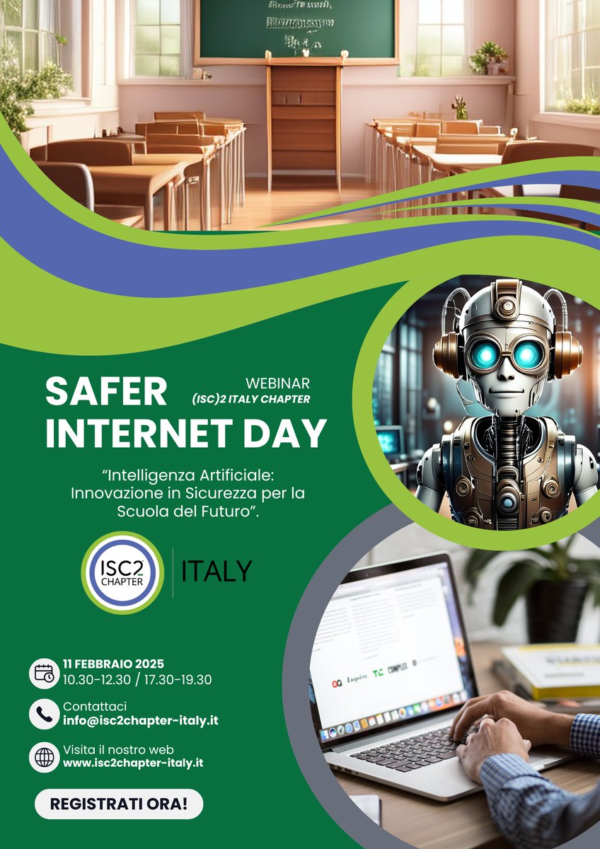 Il prossimo 11 febbraio si celebrerà il Safer Internet Day, l
Il nostro WEBINAR: “Intelligenza Artificiale: Innovazione in Sicurezza per la Scuola del Futuro”.

isc2chapter-italy.it/intelligenza-a…

#isc2italychapter #saferinternetday #istruzione #intelligenzaartificiale #scuola
