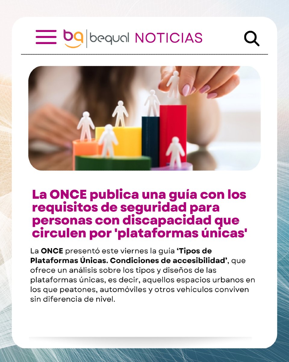 Fundación Bequal (@fbequal) on Twitter photo La Fundación Bequal celebra la guía "Tipos de Plataformas Únicas. Condiciones de accesibilidad", de la <a href="/once/">Yuli Yang</a>. Documento que define requisitos de seguridad para la accesibilidad de personas con discapacidad en espacios donde conviven peatones y vehículos.
servimedia.es/noticias/once-… La Fundación Bequal celebra la guía "Tipos de Plataformas Únicas. Condiciones de accesibilidad", de la <a href="/once/">Yuli Yang</a>. Documento que define requisitos de seguridad para la accesibilidad de personas con discapacidad en espacios donde conviven peatones y vehículos.
servimedia.es/noticias/once-…