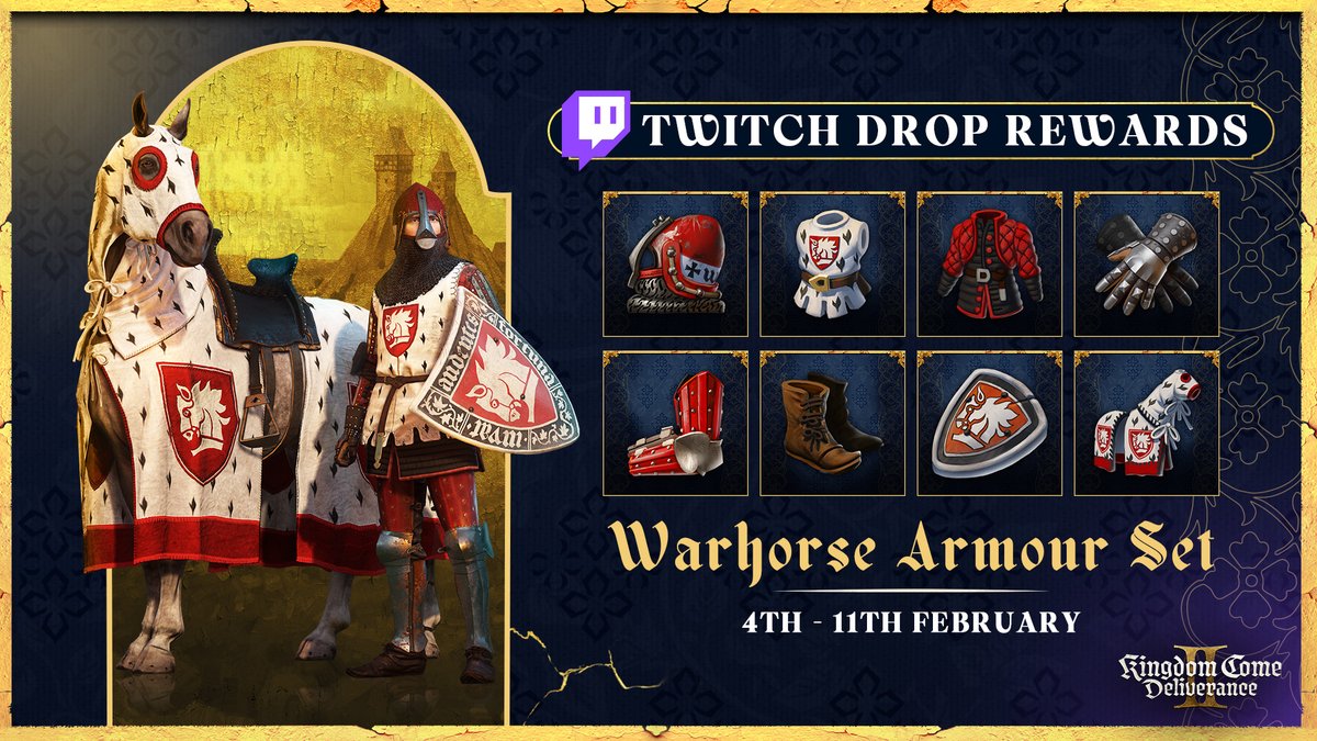 WarhorseStudios's tweet photo. Fine armour is earned, not given. 

Watch #KCD2 streams until 11th February to claim the Warhorse Armour Set. Track progress in Drops Inventory, claim rewards in time, and link your Twitch and KCD II accounts to receive them. https://t.co/B3Ld7Qsp7T
