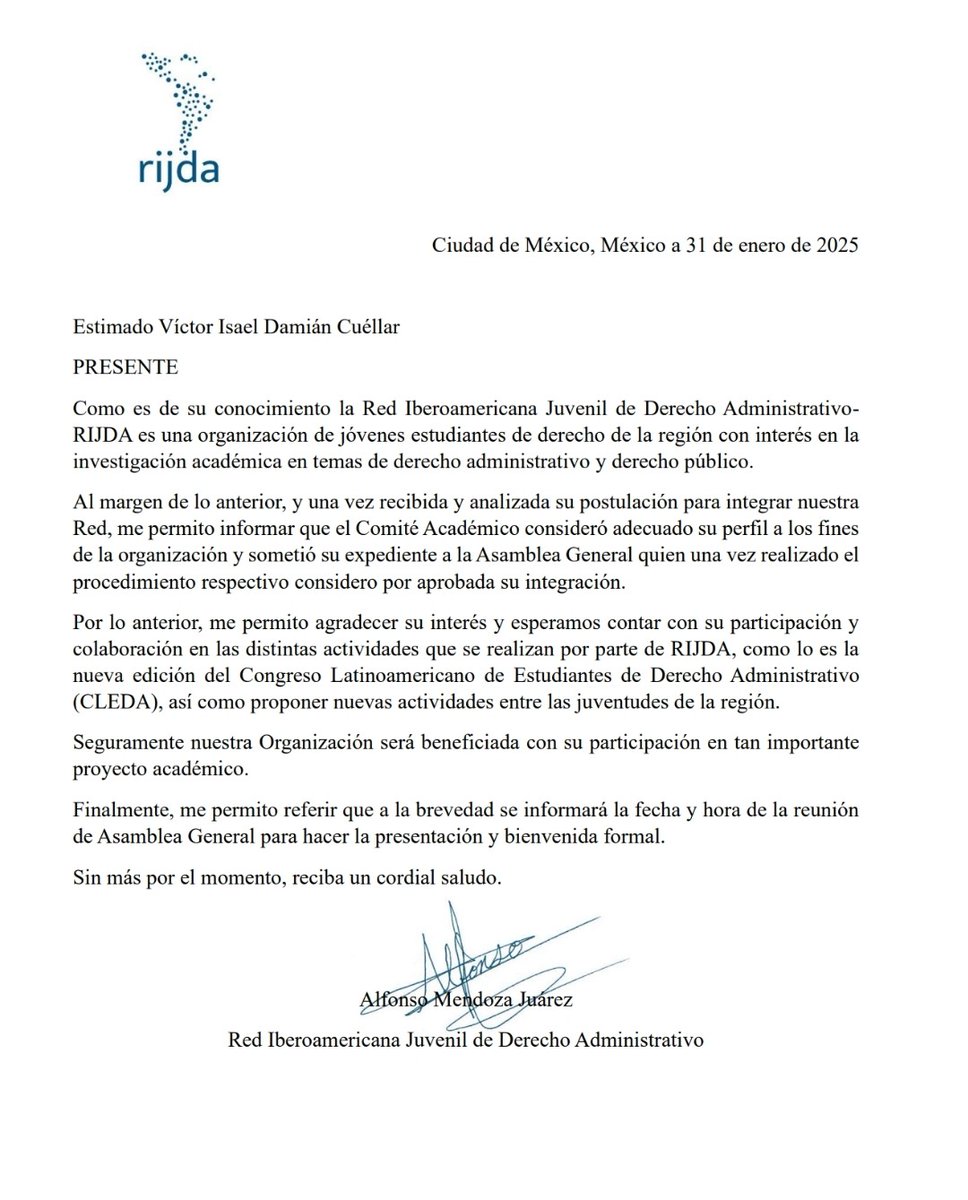 Contento de integrarme a la Red Iberoamericana Juvenil de Derecho Administrativo #RIDJA , agradezco enormemente al Comité Académico y a su presidente Alfonso Mendoza el poder colaborar para fortalecer al Derecho Administrativo en la región.