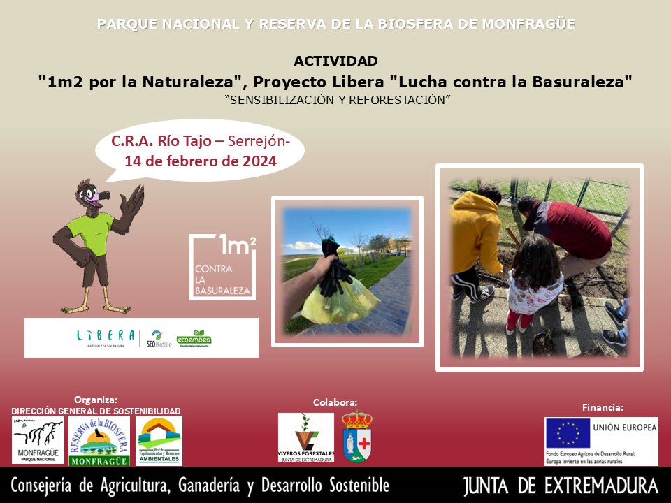 #estápasando📣
Durante la mañana del próximo viernes, la Dirección General de Sostenibilidad <a href="/agriculturaEXT/">Agricultura, Ganadería y Desarrollo Sostenible</a> <a href="/Junta_Ex/">Junta de Extremadura</a>   organiza con <a href="/MonfraguePN/">PNMONFRAGUE</a>  y #ReservaBiosfera de Monfragüe actividades #preFIO en el C.R.A. Río Tajo de #Serrejón, en colaboración con el ayuntamiento.
#LIBERA