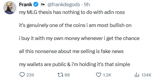 "All this nonsense about me selling is fake news"

Frankdegods refutes claims that he sold $MLG while live on Adin's stream