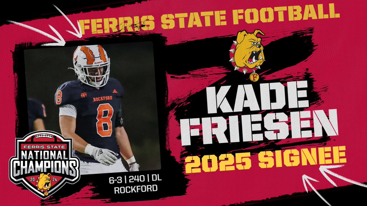 Ferris St. Football (@ferrisfootball) on Twitter photo NOW A DAWG! Rockford standout Kade Friesen joins the National Champs! Standout defensive lineman headed to Big Rapids and officially a DAWG! #FSUNSD25 <a href="/Kade_Friesen1/">Kade Friesen</a> NOW A DAWG! Rockford standout Kade Friesen joins the National Champs! Standout defensive lineman headed to Big Rapids and officially a DAWG! #FSUNSD25 <a href="/Kade_Friesen1/">Kade Friesen</a>