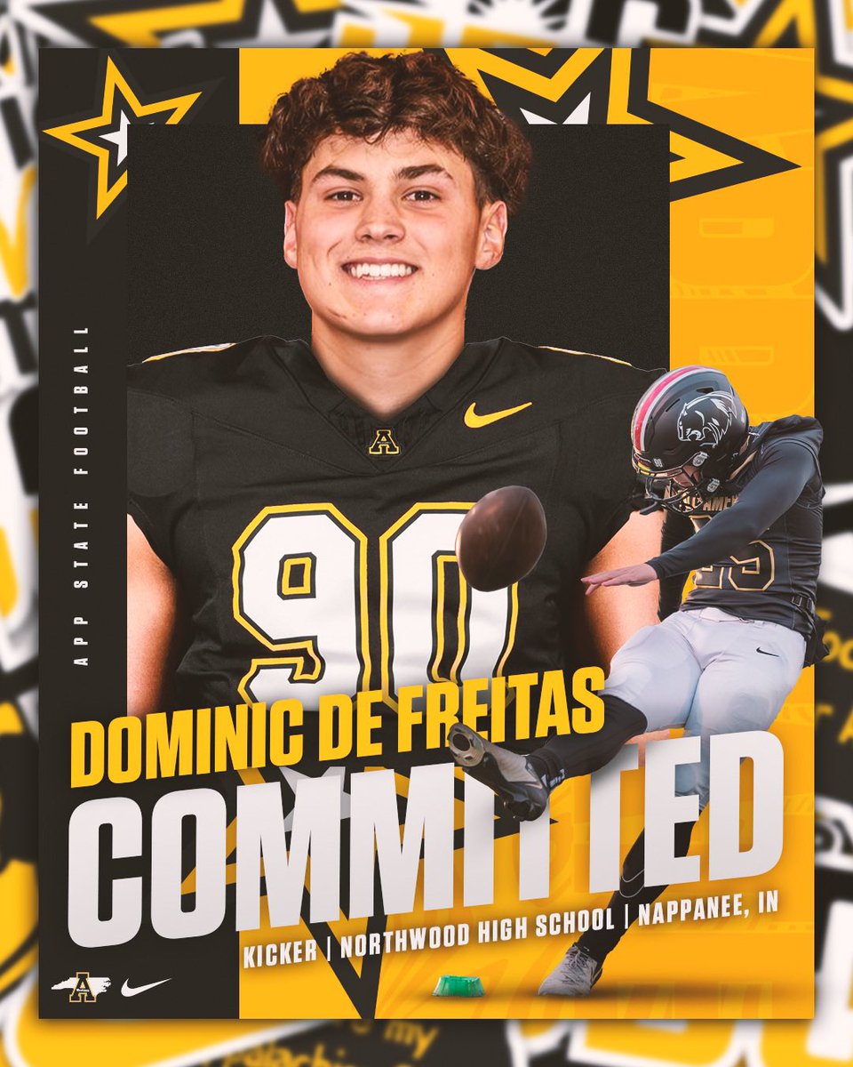 Dominic De Freitas (@domthebomb909) on Twitter photo #AGTG After an amazing conversation with <a href="/CoachJCros/">Jeff Crosby</a> I am blessed to receive an offer from Appalachian State! With that, I have decided to continue my athletic career at App State! Go mountaineers✈️🏔️
<a href="/NWHS_Football/">NorthWood Football</a> <a href="/KohlsKicking/">Kohl's Kicking Camps</a> <a href="/thomasguerry/">Thomas Guerry</a> <a href="/Dowell_Loggains/">Dowell Loggains</a>
<a href="/flickzbydeac_/">Deacon Reed</a> #AGTG After an amazing conversation with <a href="/CoachJCros/">Jeff Crosby</a> I am blessed to receive an offer from Appalachian State! With that, I have decided to continue my athletic career at App State! Go mountaineers✈️🏔️
<a href="/NWHS_Football/">NorthWood Football</a> <a href="/KohlsKicking/">Kohl's Kicking Camps</a> <a href="/thomasguerry/">Thomas Guerry</a> <a href="/Dowell_Loggains/">Dowell Loggains</a>
<a href="/flickzbydeac_/">Deacon Reed</a>