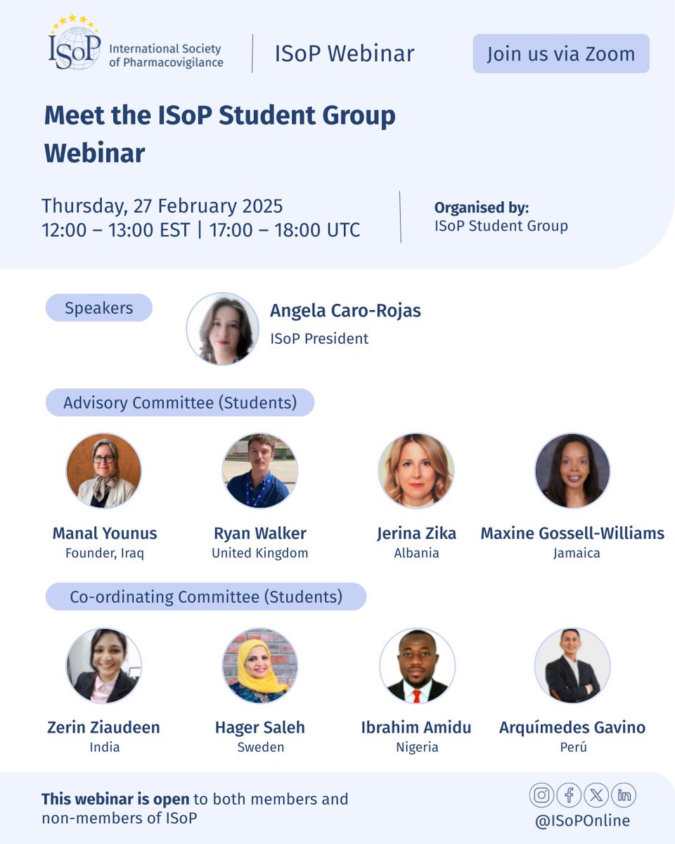 🎓 Join the ISoP Student Group Webinar!

📅 27 Feb 2025 | ⏰ 12:00 EST | 🌍 Open to all!
🎤 Featuring ISoP President Angela Caro Rojas + Student Committees.

👉 Register now: us02web.zoom.us/meeting/regist…

#ISoPOnline #ISoPStudents #Pharmacovigilance