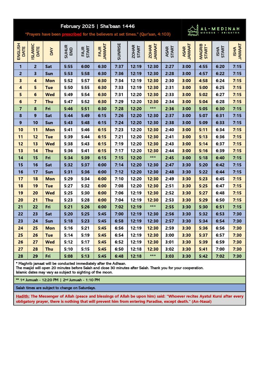 February 2025 prayer timetable