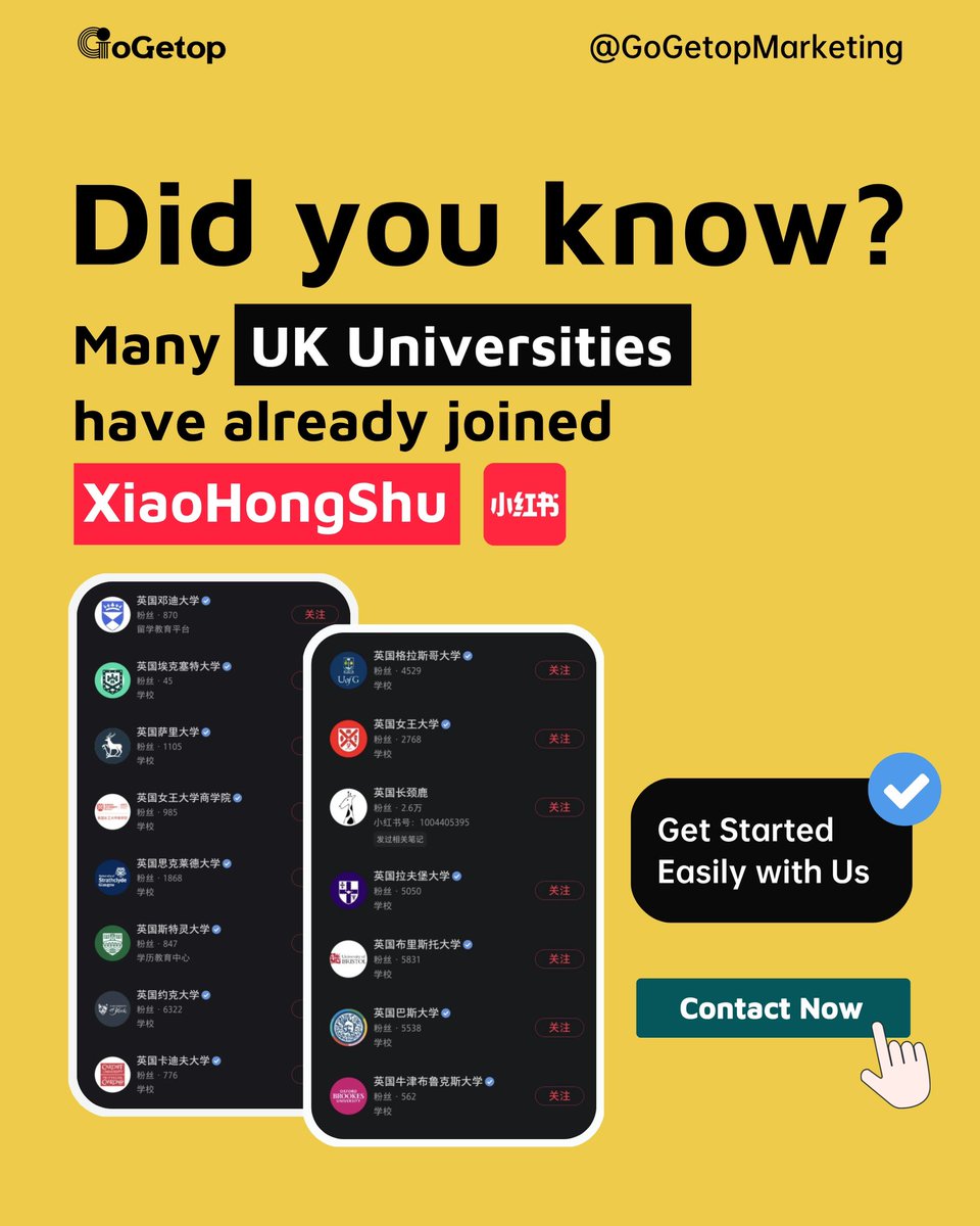 GogetopMedia's tweet photo. Many top UK universities have already joined #XiaoHongShu If your institution needs help setting up a verified #RedNote account (blue badge included), #GoGetopMarketing is here to assist. 💡 We offer the most affordable and reliable services to help you.
#GoGetop #ChinaMarket https://t.co/HK5ja6qEUC