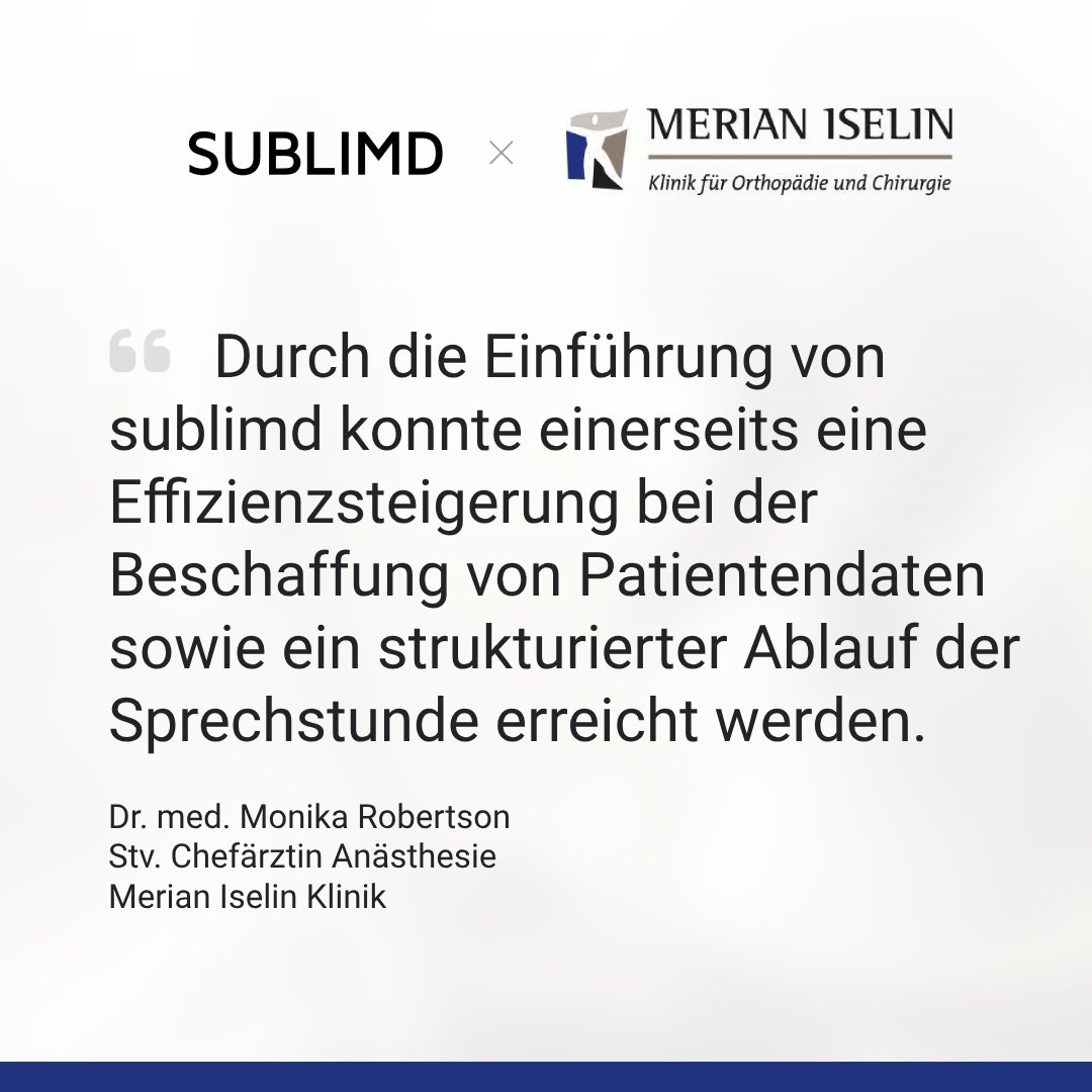🩺 In der Anästhesie-Sprechstunde der <a href="/MerianIselin/">Merian Iselin Klinik</a> Klinik sorgt sublimd für optimierte Abläufe und erhöhte Patientensicherheit. Unsere Case Study zeigt, wie die Klinik den administrativen Aufwand reduziert und wertvolle personelle Ressourcen schont: sublimd.com/de/case-studie…